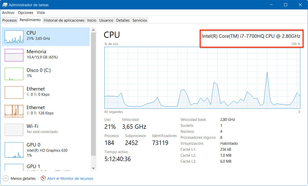 CPU desde administrador de tareas