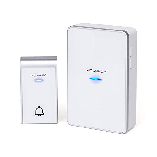 Aigostar Ring DC- Timbre Inalámbrico para Puerta, Exterior IP44 impermeable, timbre inalámbrico a pilas, de Puerta con Indicadores LED, 3 Niveles de Volumen Ajustables, 36 Melodías, Blanco