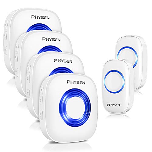 PHYSEN Timbre de Puerta, Timbre Inalámbrico para Puerta, 2 Emisor y 4 Receptores, 5 Niveles de Volumen, 58 Melodías de Timbre, Funcionamiento hasta 1000 Pies de Alcance