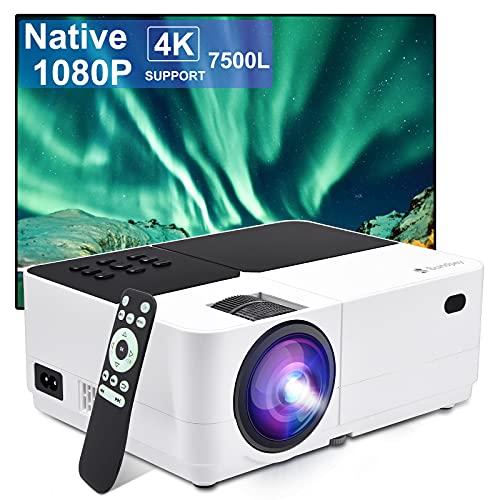 Proyector Nativo 1080P Full HD 7500 lúmenes,Soporte 4k Mini proyector de Video Compatible Ajuste Digital Proyector LED de Cine en casa y presentación PPT, Compatible con HDMI / USB / SD / AV / VGA