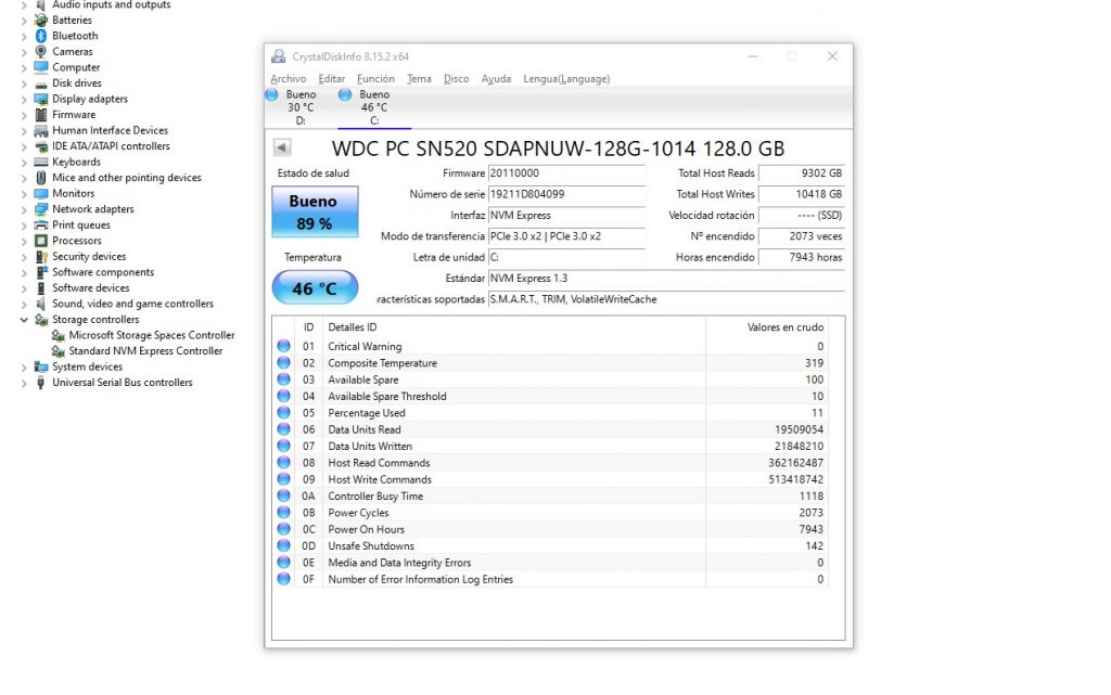 Parámetros CrystalDiskInfo en un SSD