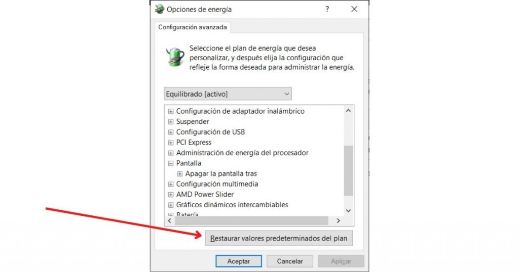 Restaurar los planes de Energía por defecto en Windows 10