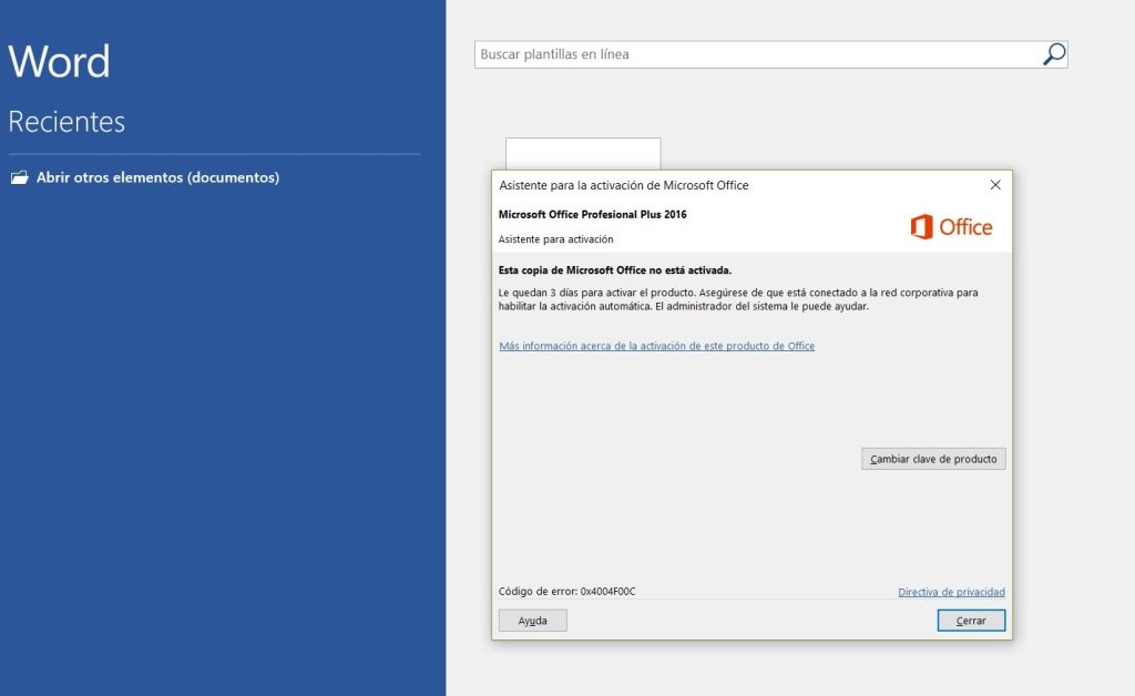Error de activación de productos Office