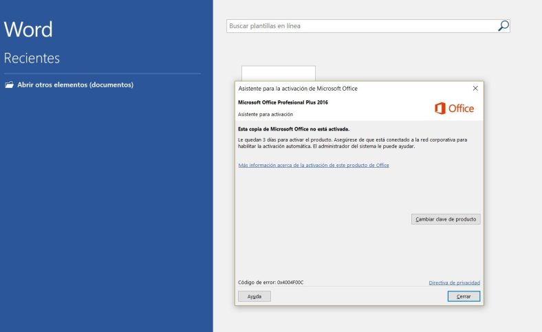 Error de activación de productos Office