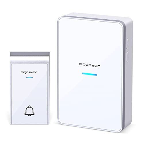 Aigostar Ring DC- Timbre Inalámbrico para Puerta, Exterior IP44 impermeable, timbre inalámbrico a pilas, de Puerta con Indicadores LED, 3 Niveles de Volumen Ajustables, 36 Melodías, Blanco