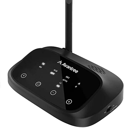 Avantree Oasis Plus aptX HD Bluetooth 5.0 Receptor Transmisor para TV, Modo Bypass, Clase 1 Largo Alcance, Guía Voz, Pantalla Táctil, Emisor, Adaptador Audio Baja Latencia aptX para 2 Auriculares