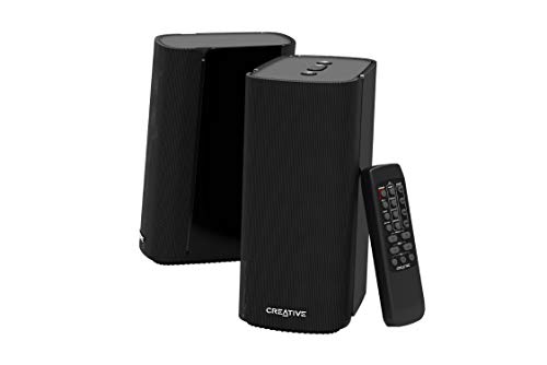 Creative T100 – Altavoces de escritorio compactos Hi-Fi 2.0, hasta 80W de potencia máxima con Bluetooth 5.0, entrada óptica, Aux-in, para PC y portátil (negros)