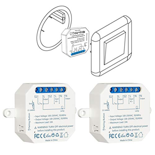 LoraTap Kit de 2 Interruptores WiFi, Inalámbricos, Conmutadores Paralelos, Receptor de 2500W 10A, Interruptor Inteligente, Control a Distancia por Móvil, Módulo Relé Compatible con Alexa Google Home