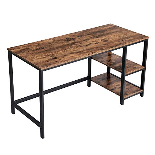 VASAGLE Escritorio, Mesa de Ordenador, con 2 Niveles de Estante a la Izquierda o a la Derecha, para Oficina, Dormitorio, Estructura de Acero, Industrial, Marrón Rústico y Negro LWD55X