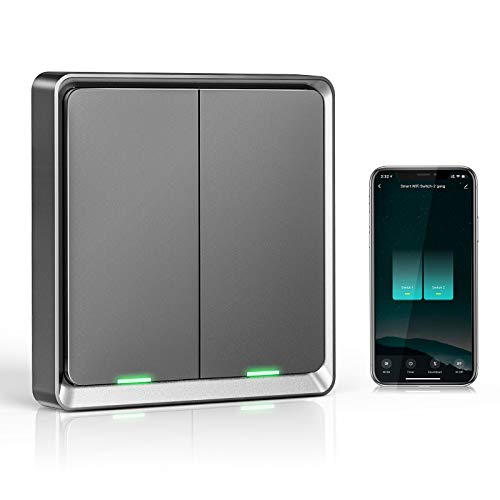Wifi Interruptor Alexa 2 Gang, Etersky Interruptor Inteligente Compatible con Alexa y Google Home, Interruptor Pared Luz Control APP, Smart Life Interruptor Tactil con Temporizador NEUTRO REQUERIDO