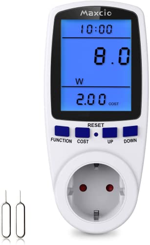 Maxcio Medidor de Consumo de Energía, Monitor de Electricidad Recargable con Pantalla LCD Retroiluminada, 7 Modos Medidor de Consumo Electrico con Protección contra Sobrecarga, Costo de Electricidad