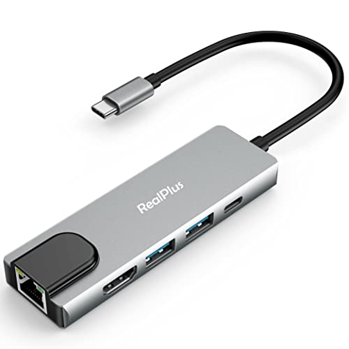 Hub USB C con Ethernet ,RealPlus 5 En 1 Adaptador USB C con HDMI 4K,Ethernet, 2 Puertos USB-A, Carga Súper Rápida de 100W,USB C Dock para Macbook Air M1 Macbook Pro DELL XPS 15, iPad Pro,Switch