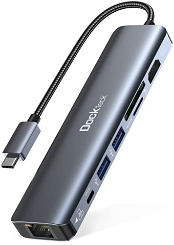 Hub USB C Dockteck 7 en 1 Dock 4K 60Hz, Adaptador USB C con Ethernet HDMI, LAN RJ45, 100W PD, 2 USB-3.0, SD/microSD, para MacBook Pro/Air, iPad Pro/Air/Mini 6, Surface Pro 7, XPS 13, HP, Lenovo y más
