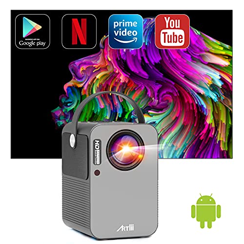 Artlii Play Proyector Android TV 9.0, Smart Portátil WiFi Bluetooth Proyector , Soporte AC-3, Corrección Keystone 4D de ± 45 ° y Zoom