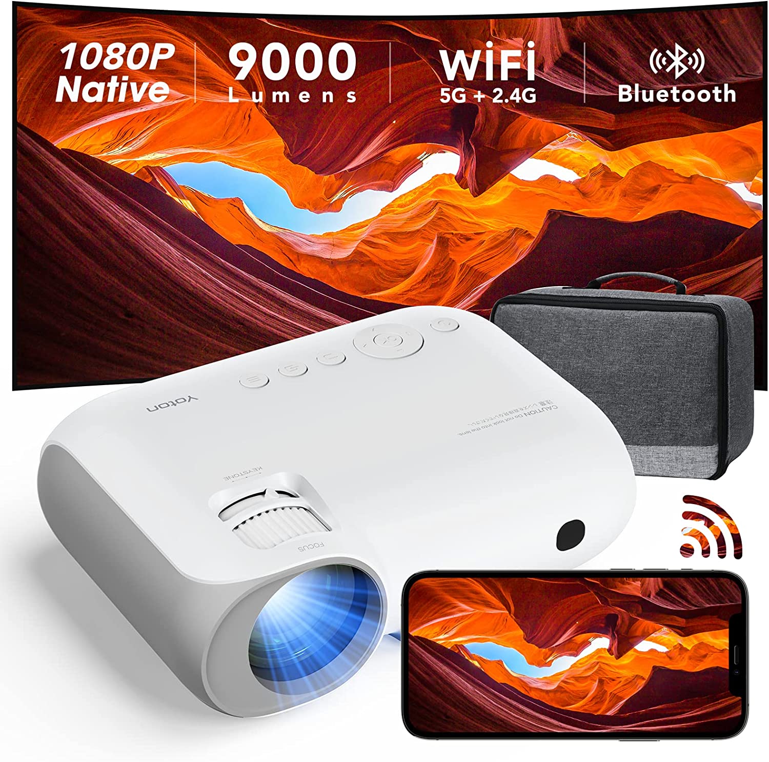 Proyector WiFi Bluetooth, mini proyector W2 compatible con pantalla Full HD  de 1080p y 250 pulgadas, proyector portátil con función de zoom del 50%