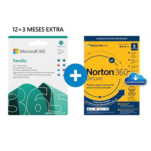 Microsoft 365 Familia | Apps Office 365 | PC/MAC/teléfono | Suscripción anual | 12+3 Meses + NORTON 360 Deluxe | 15 Meses | PC/Mac - Código de activación enviado por email