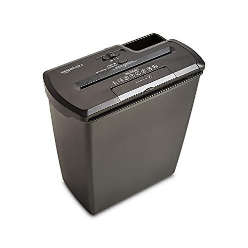 Amazon Basics - Destructora de papel, tarjetas de crédito y CD con recipiente separable (corte recto, capacidad de hasta 8 hojas), negro