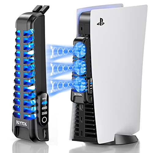 Kytok PS5 Ventilador de Refrigeración de 3 Velocidades, Refrigerador PS5 Silencioso con Luz LED, Ventilador de Enfriamiento Táctil con 3 Ventiladores y USB HUB para Playstation 5(Negro)