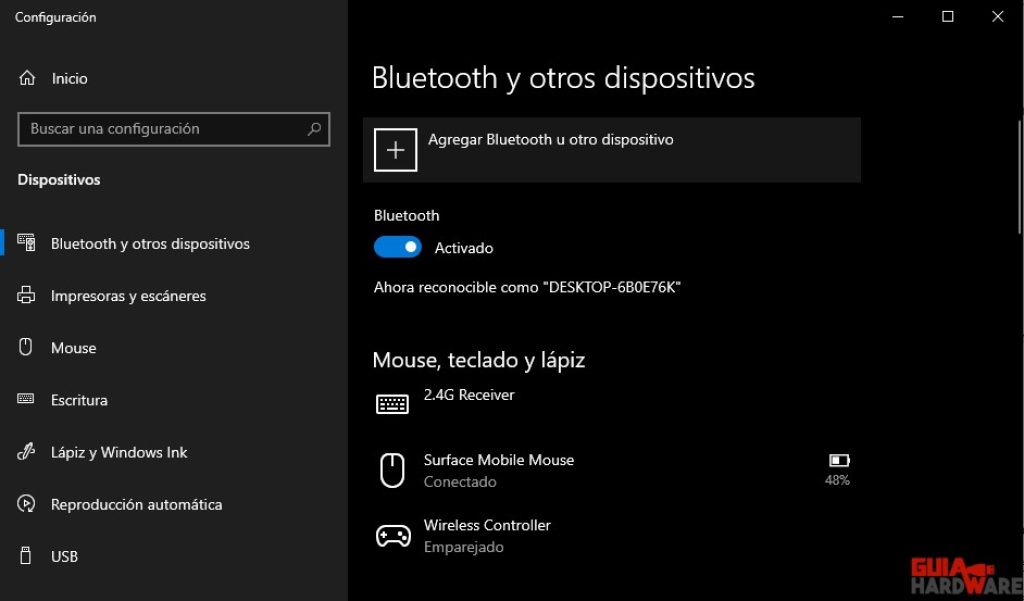 Configuración de Bluetooth y otros dispositivos