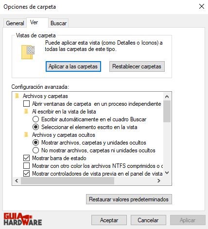 Opciones del explorador de archivos