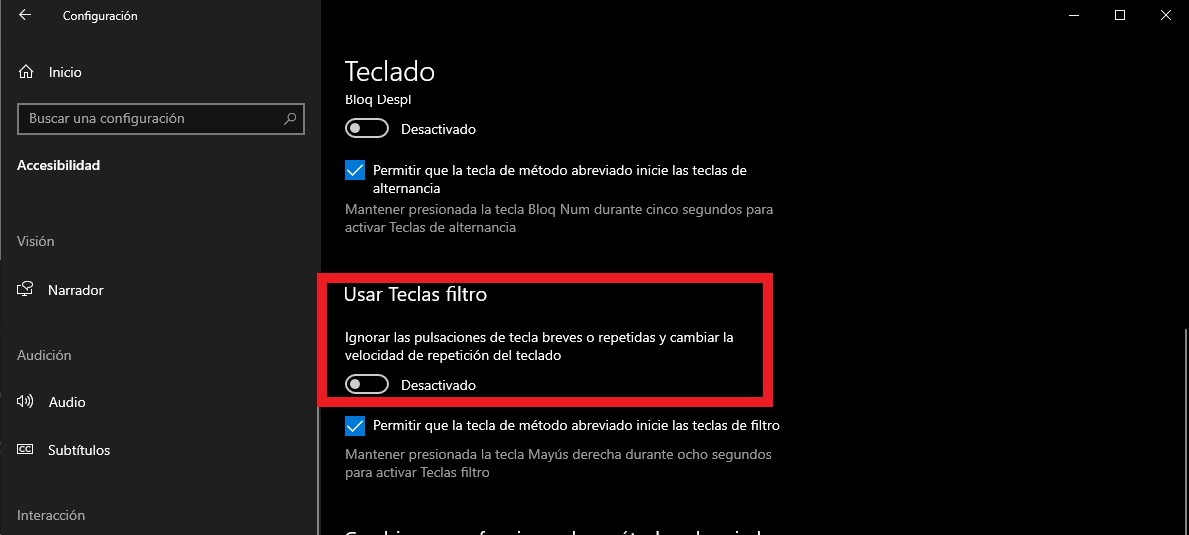 Desactivar teclas de filtro