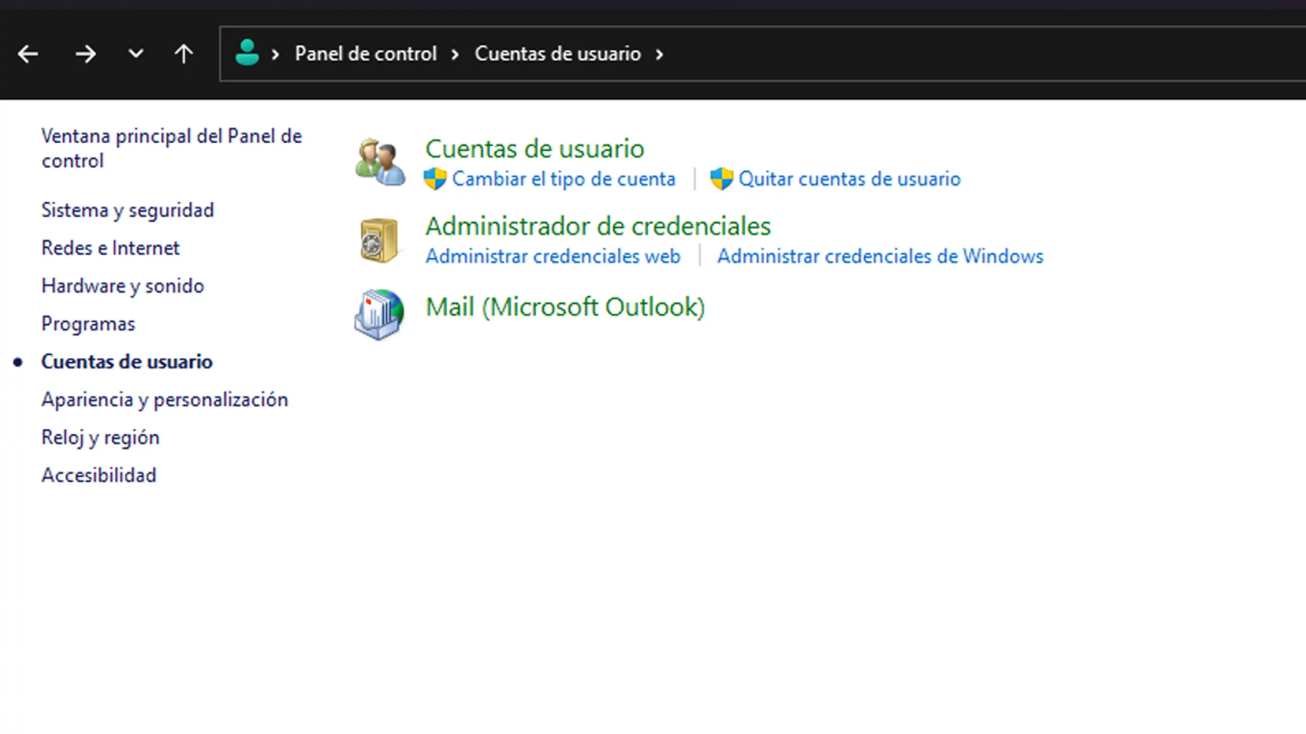 Quitar cuentas de Windows 11 desde el panel de control