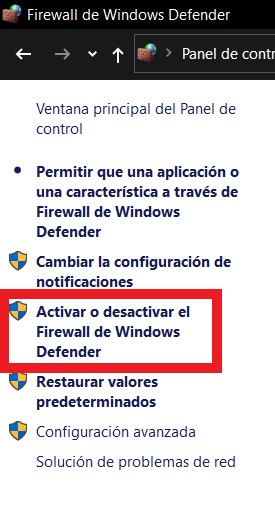 Desactivar Firewall de Windows 10 desde el Panel de control