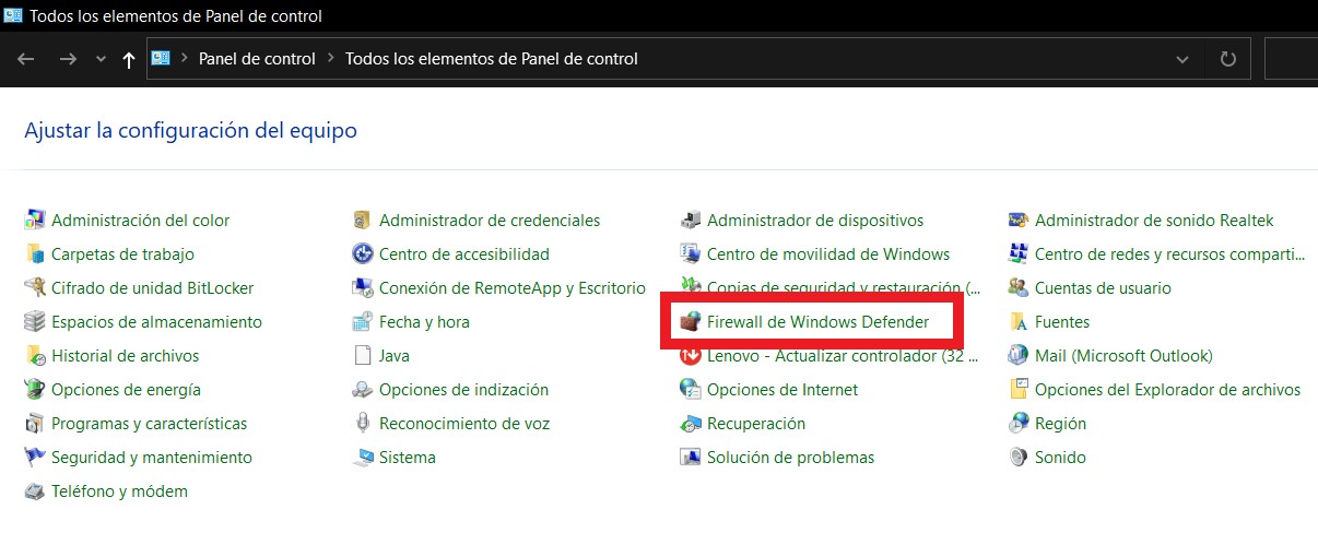 Desactivar Firewall de Windows 10 desde el Panel de control
