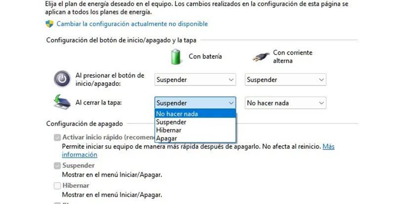 ¿Cómo evitar la suspensión al cerrar la tapa de un portátil en Windows 11?