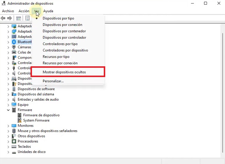 Mostrar dispositivos ocultos en el administrador de dispositivos de Windows 11