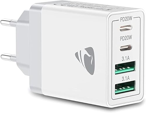 Aioneus Cargador USB C, 40W Cargador Carga Rapida 4 Puertos Enchufe USB con Doble PD USB-C y QC3.0 USB-A, Movil Cargador Pared USB Multiple Adaptador Corriente Tipo C para iPhone 14/13/12,iPad,Samsung