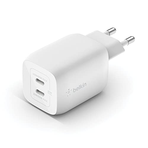 Belkin Cargador de Pared Doble USB tipo C de 65 W, Carga Rápida 3.0 con Tecnología GaN, cargador USB para iPhone 15, 14, 13, Pro, Pro Max, iPad Pro, Air, MacBook, Galaxy S23, Google Pixel, Blanco