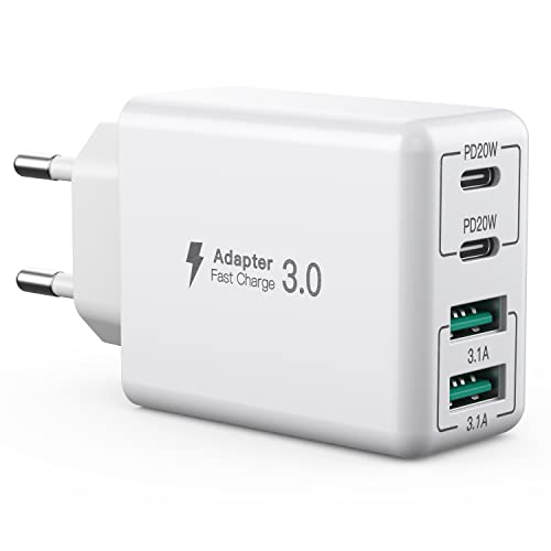 Cargador USB C, 40 W 4 Puertos Bloque de Carga rápida, Bloque de Carga Dual PD+QC, Conector de Pared multipuerto Tipo C Compatible con iPhone 14/13/12/11/Pro Max/XS/XR/8/7/teléfono Samsung, Tablet