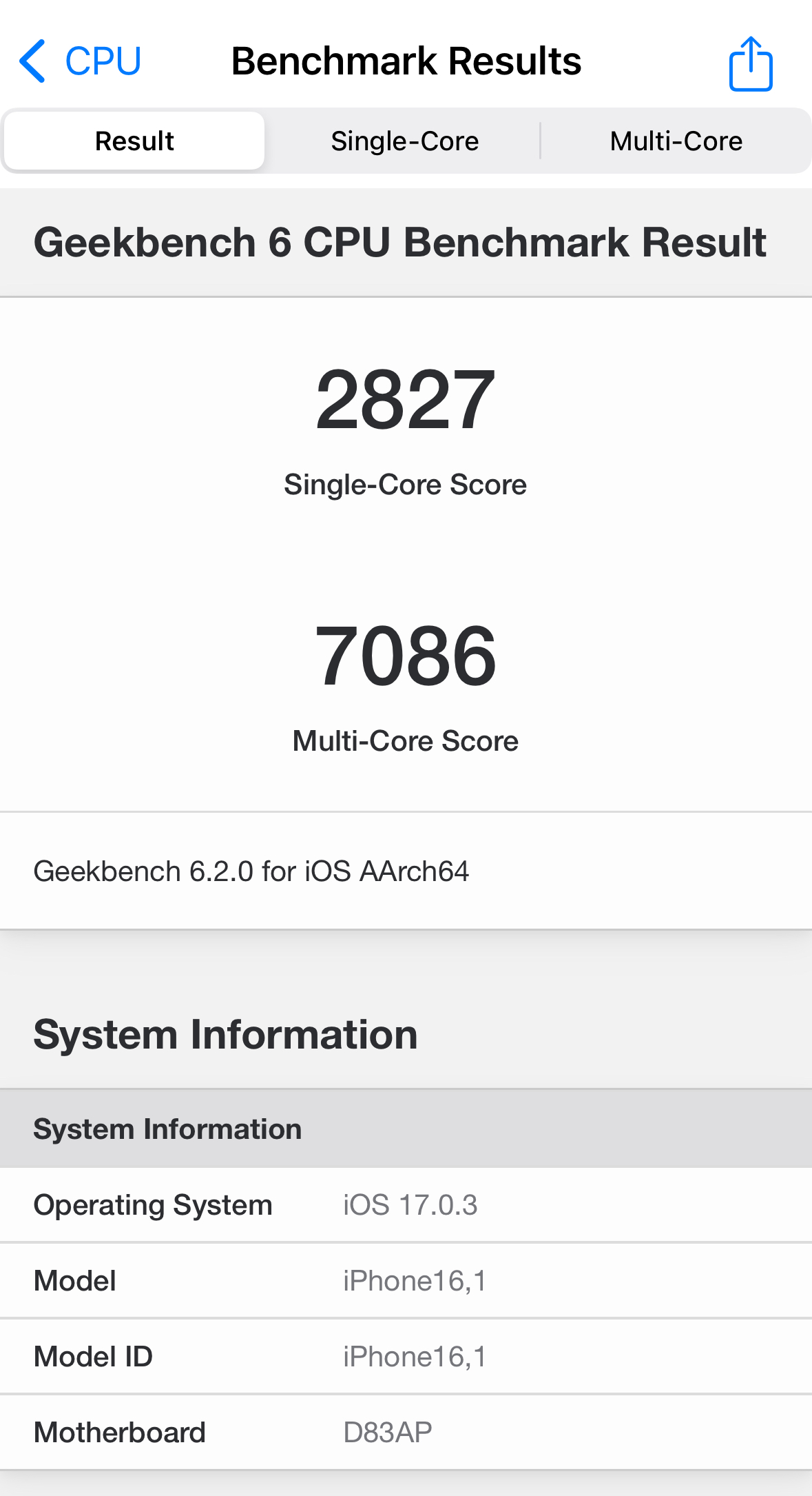 Geekbench 6 iOS 17.0.3 CPU
