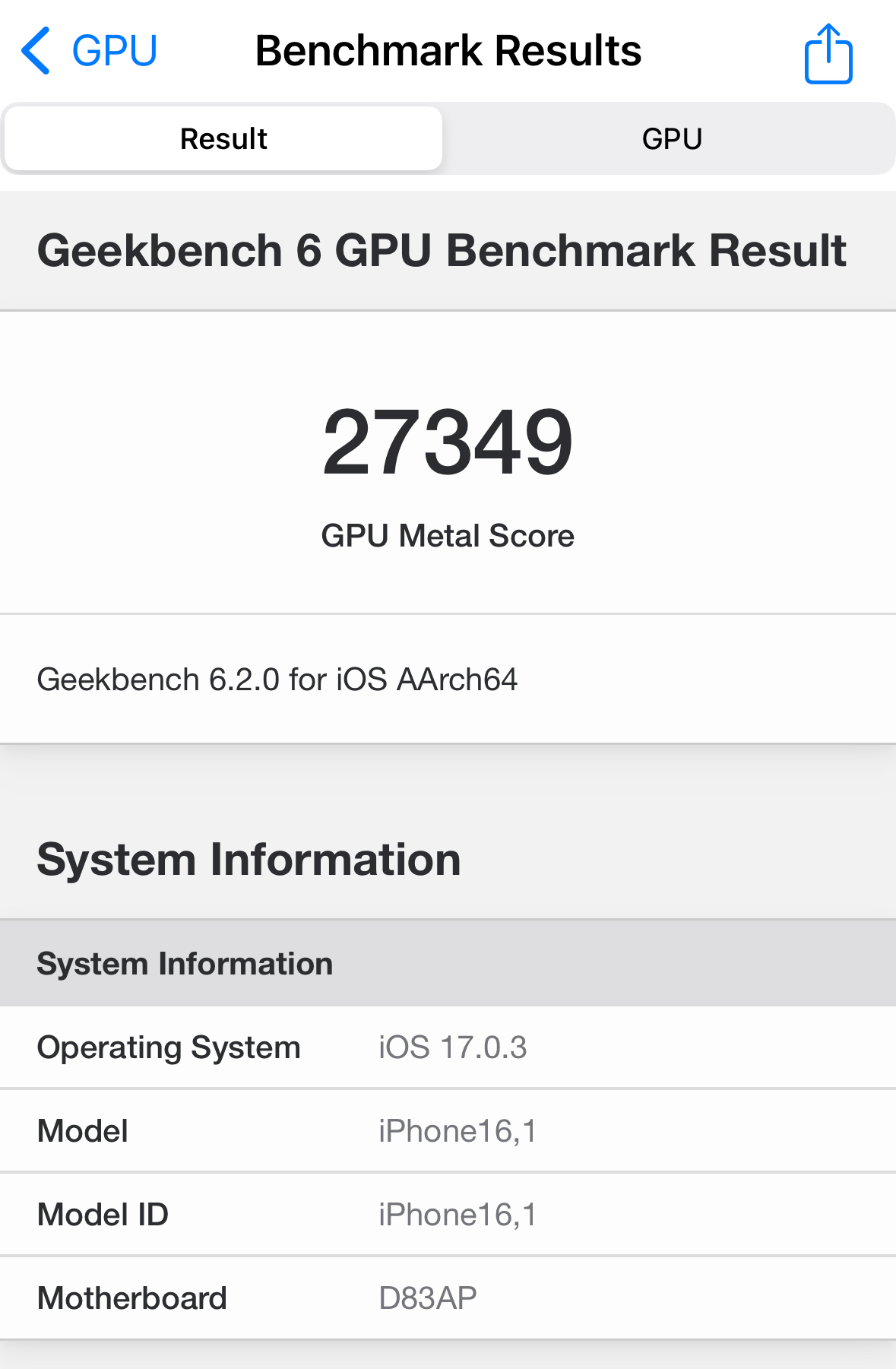 Geekbench 6 iOS 17.0.3 gpu