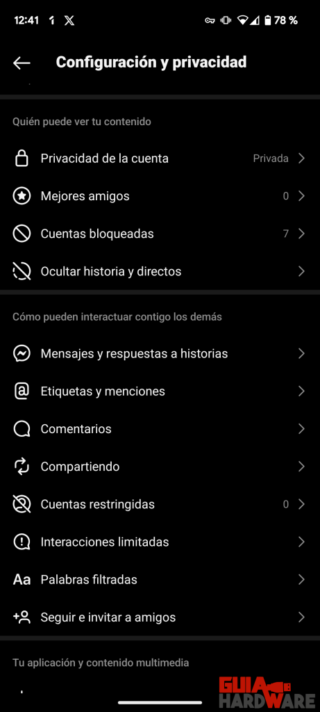 Configuración y privacidad en Instagram