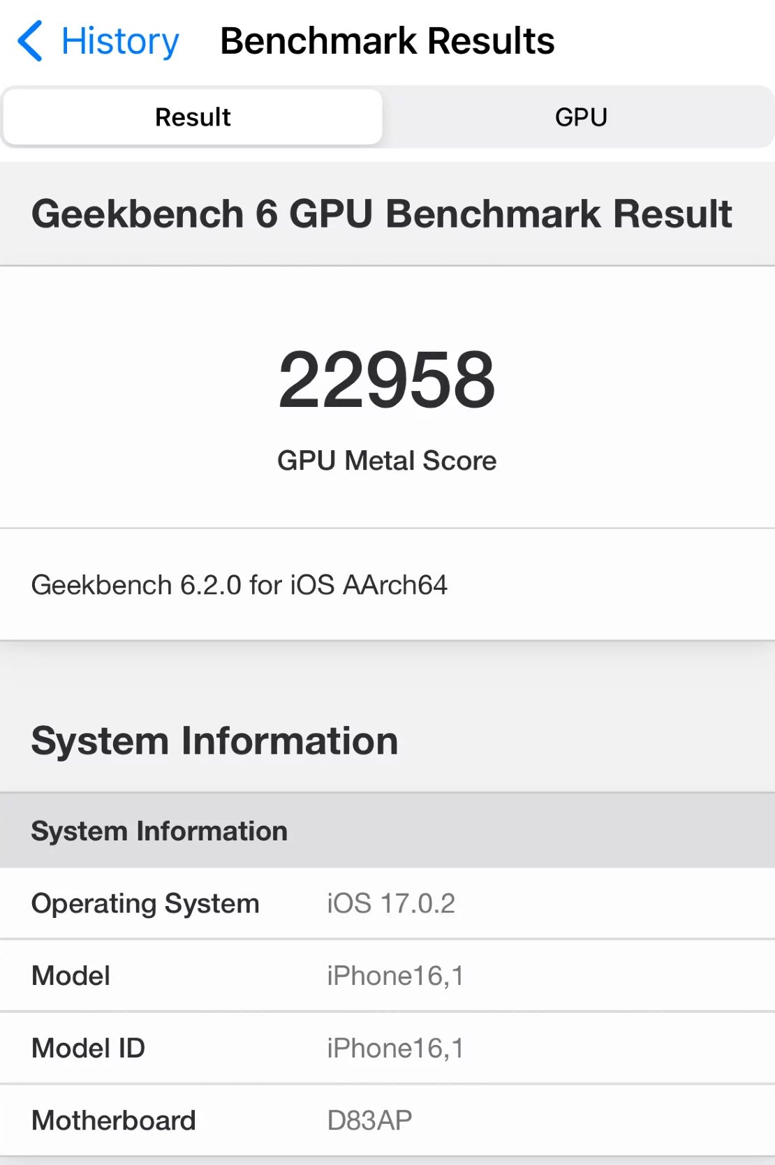 Geekbench 6 iOS 17.0.2 GPU