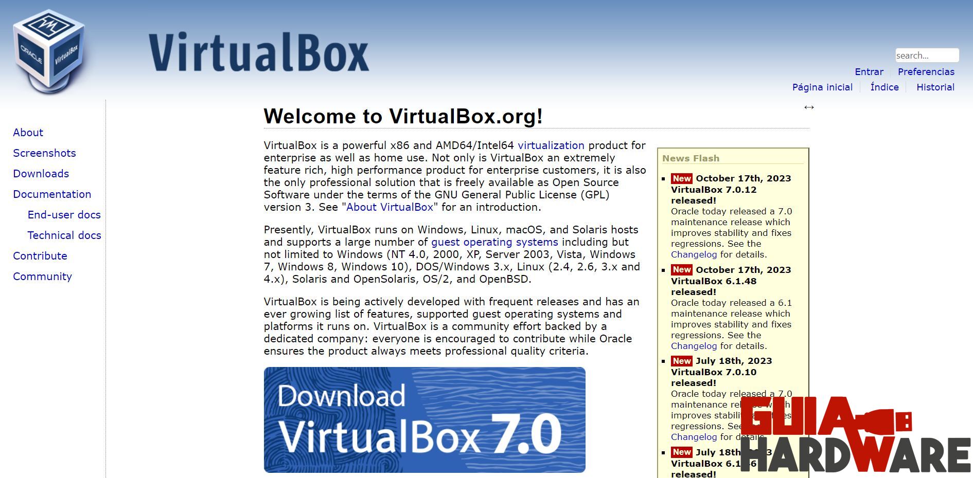 Página de virtualBox