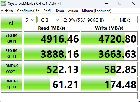 Geekom A7 prueba en CrystalDiskMark