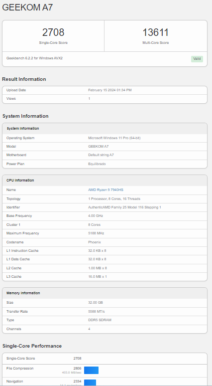 Geekom A7 prueba de CPU en Geekbench 6