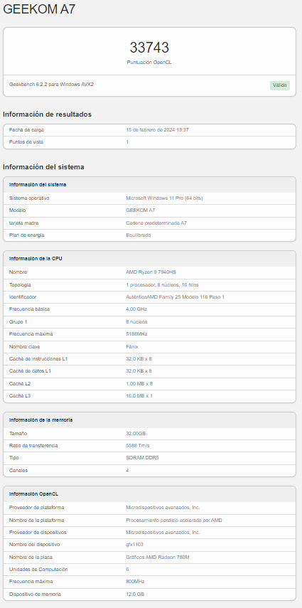 Geekom A7 prueba de GPU en Geekbench 6