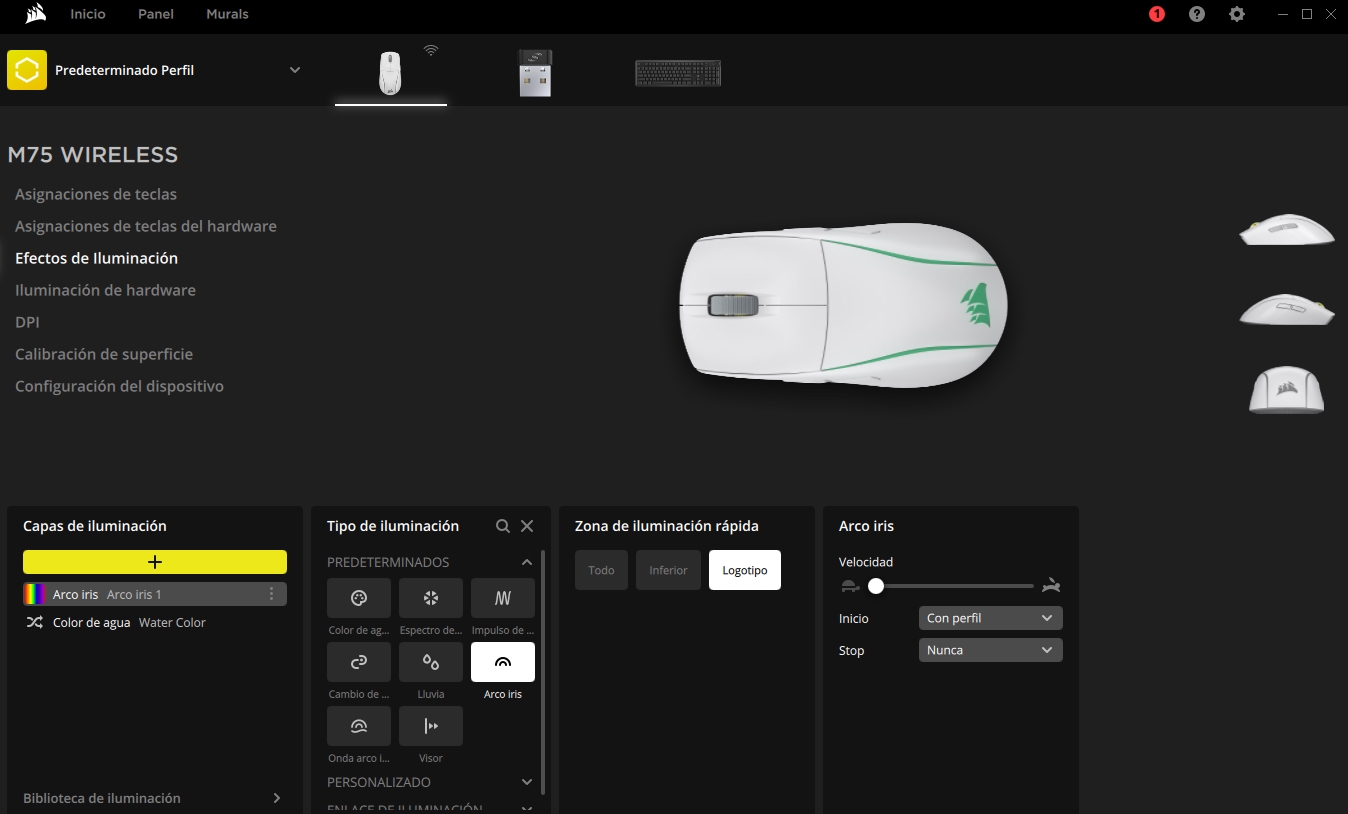 Efectos de iluminación en software iCUE del Corsair M75 Wireless