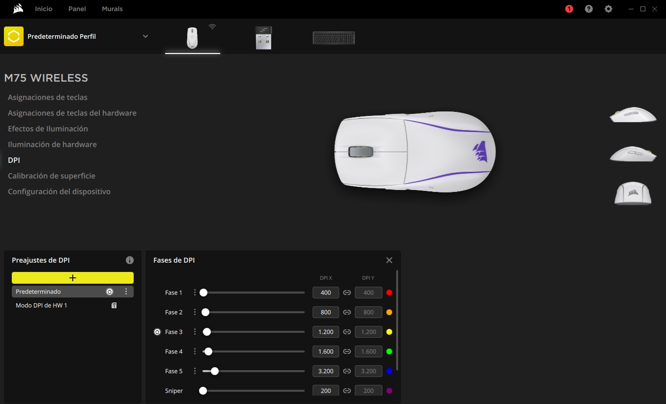 DPI en software iCUE del Corsair M75 Wireless