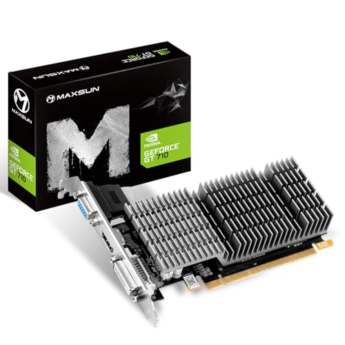 MAXSUN NVIDIA GeForce GT 710 Tarjeta Grafica 2gb - Tarjeta gráfica GPU (Pasivo, bajo Perfil, bajo Consumo, VGA, DVI-D, HDMI, GDDR3, HTPC, Sistema de refrigeración pasiva silenciosa sin Ventilador)