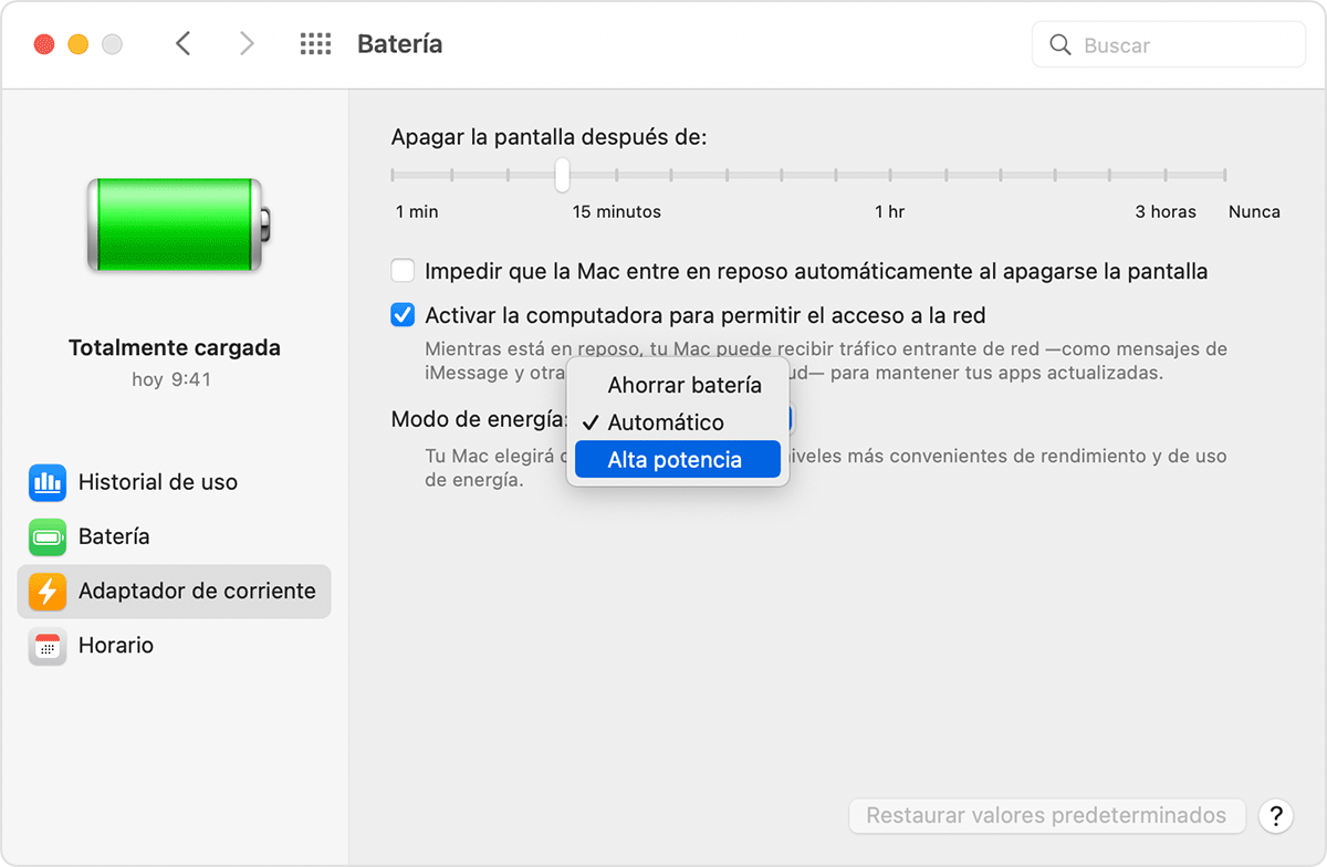 Ajustes de energía y reposo en Mac