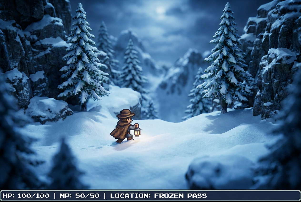 Explorador de pixel art en un paisaje invernal 3D con iluminación dinámica y efecto de maqueta, ejemplo de estética HD-2D.