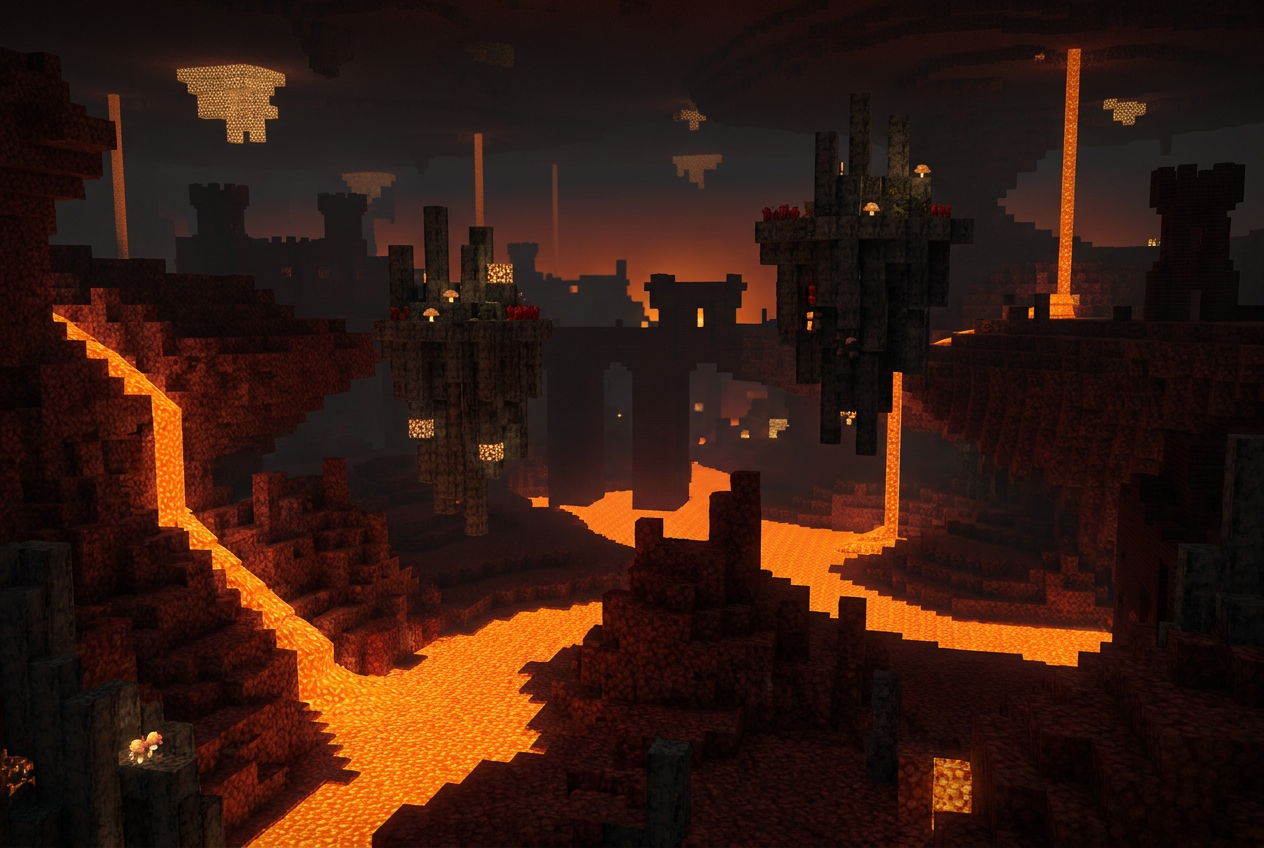 Vista cinematográfica de la dimensión del Nether con ríos de lava brillante, rocas rojas y atmósfera oscura y volcánica.