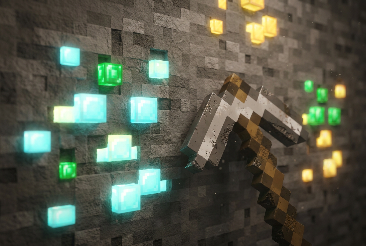 Primer plano de minerales brillantes como diamante, oro y esmeralda incrustados en una pared de piedra con un pico de hierro al lado.