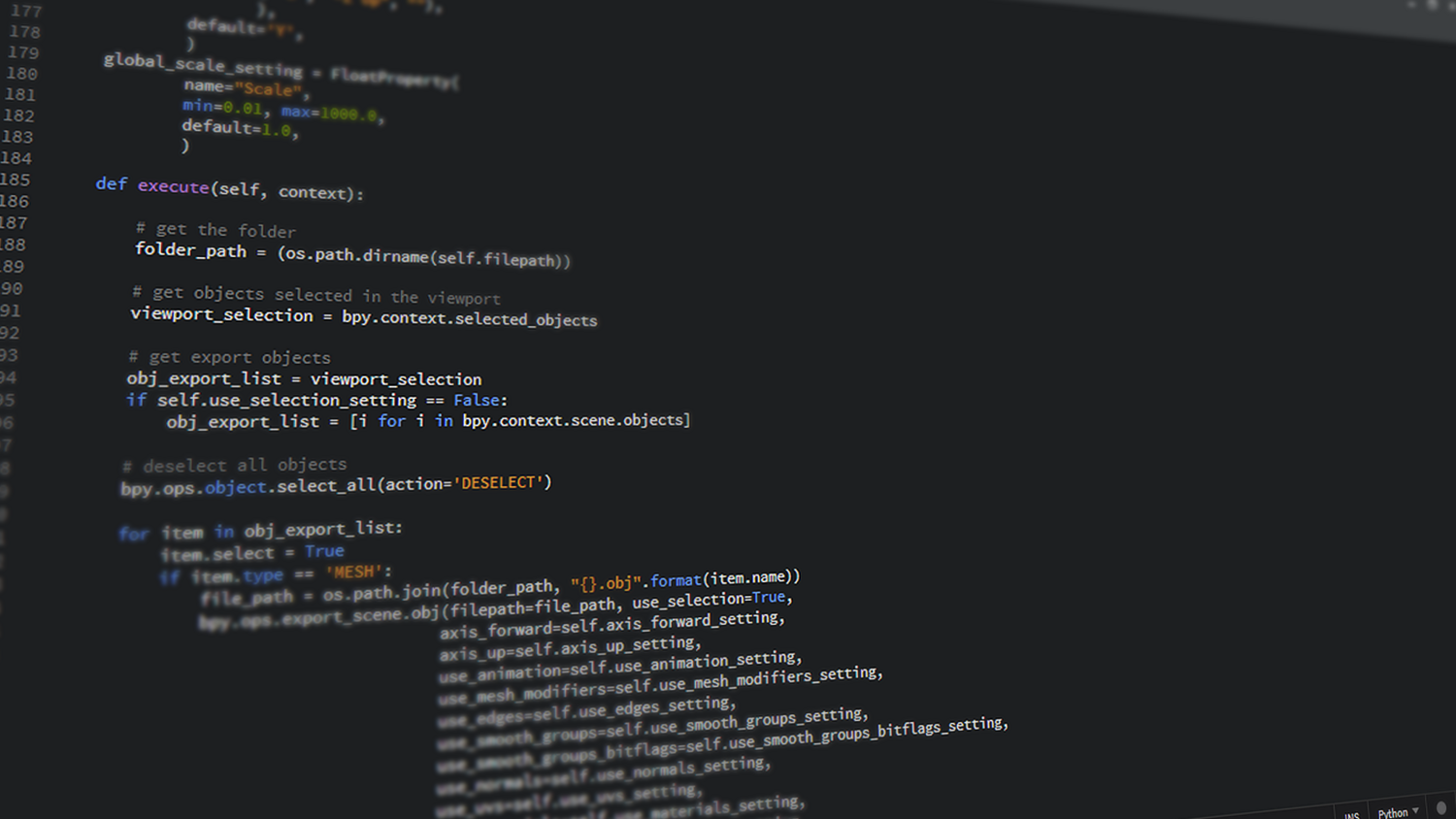 Primer plano de código Python en un entorno de desarrollo integrado (IDE) profesional.