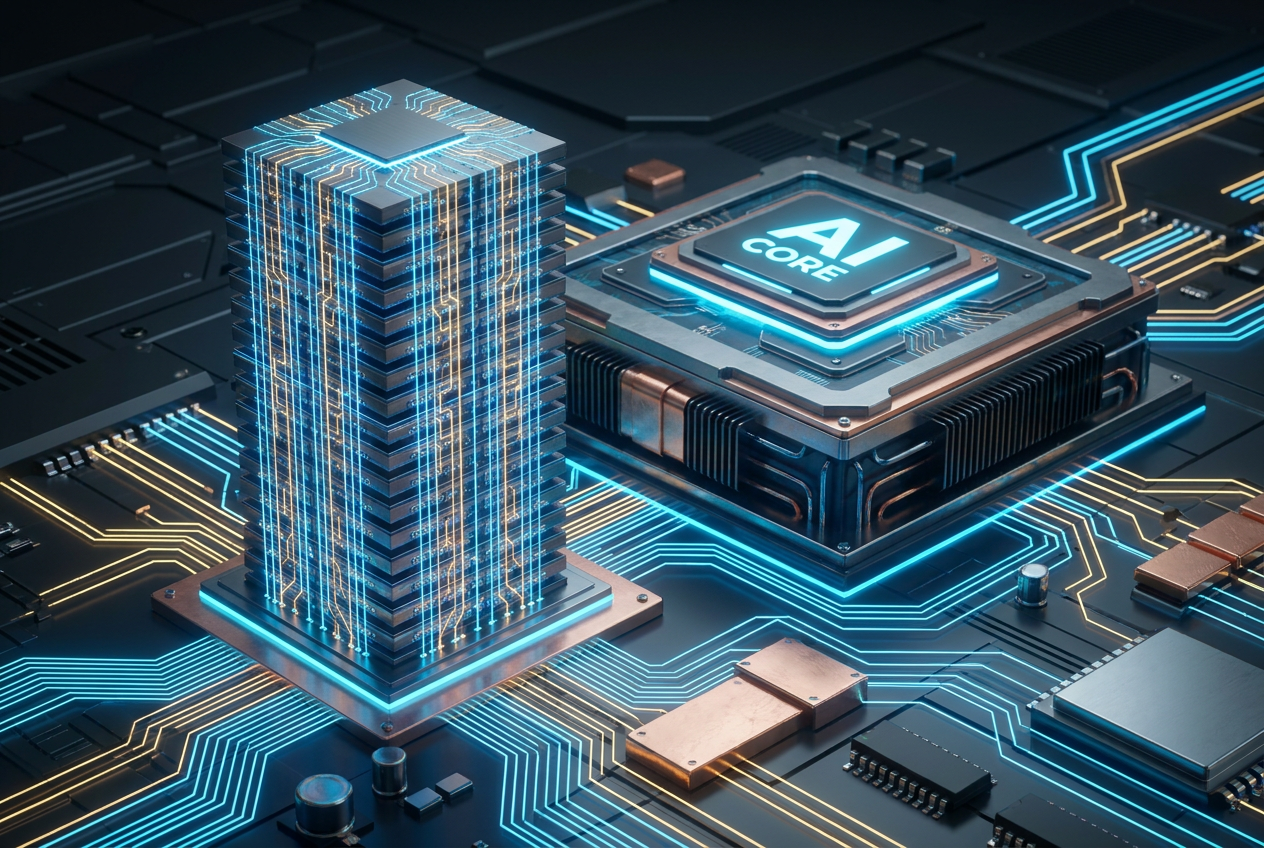 Visualización conceptual en 3D de la arquitectura de memoria HBM, mostrando el apilamiento vertical de matrices DRAM con conexiones brillantes, representando la alta densidad de datos para IA.